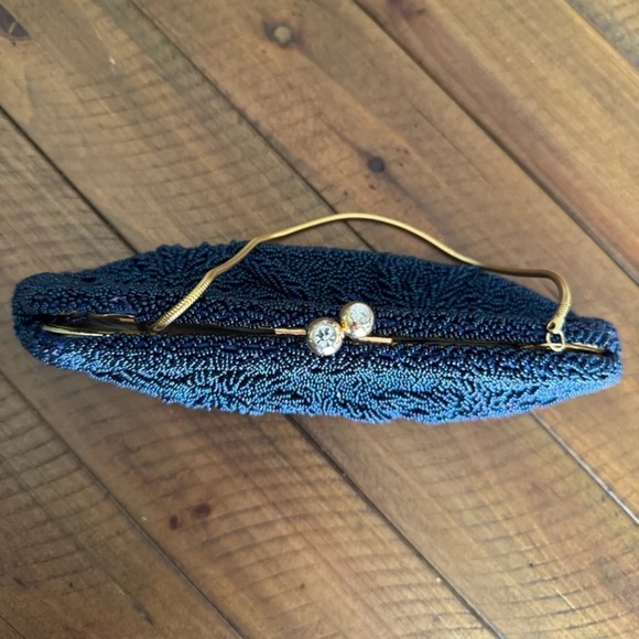 Vintage Blue beaded Floral design Gold chain Clutch Purse - Picture 7 of 12